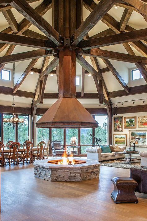 Octagonal Room, Timber Frame Great Room, Open Photography, Indoor Fire Pit, Wooden House Design, Rustic Homes, Freestanding Fireplace, Account Executive, Timber Beams