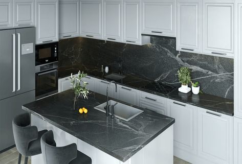 Coolest Silver Grey Sensa for the Finest Spaces!! Lowes Countertops, Grey Granite Countertops, Natural Stone Countertops, Kitchen Mood Board, Grey Countertops, Natural Granite, Gray Kitchen, Grey Granite, Grey Kitchen