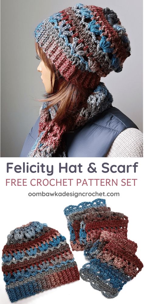 Felicity Hat and Scarf Pattern Set. Oombawka Design Crochet Pin Hat And Scarf Set, Crochet Hat For Women, Design Crochet, Crocheted Hat, Crochet Hat Free, Crochet Beanie Hat, Crochet Beanie Pattern, Crochet Hats Free Pattern, Crochet Mittens