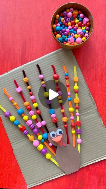 Mandisa | Happy Toddler Playtime on Instagram: "Did you know you can create colorful turkey plumage by threading beads onto pipe cleaners? 🦃✨ This pipe cleaner turkey threading activity is a fun way for kids to practice fine motor skills while making a festive Thanksgiving craft. Perfect for little hands and lots of creativity! #TurkeyCraft #ThanksgivingFun #FineMotorSkills #CreativeKids" Turkey Fine Motor Activities Preschool, Pipe Cleaner Turkey Craft, Thanksgiving Bead Craft, Pre K Thanksgiving Crafts, Turkey Preschool Crafts, Turkey Activities For Toddlers, Pipe Cleaner Turkey, Kids Crafts Thanksgiving, Kids Turkey Crafts