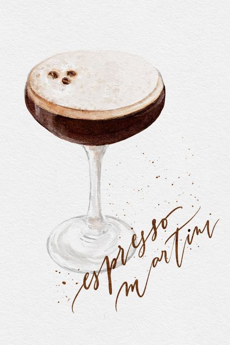 Espresso Martini - the trendy cocktail is back :) Espresso Martini Chalkboard, Espresso Martini Sketch, Espresso Martini Watercolor, Espresso Martini Graphic, Watercolor Cocktail Art, Espresso Martini Illustration, Espresso Martini Print, Espresso Martini Drawing, Espresso Martini Painting