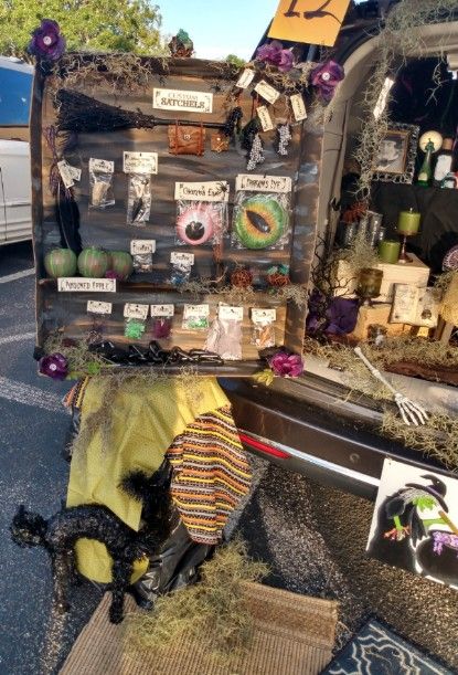 Trunk or treat ideas Diy Witch Trunk Or Treat, Dnd Trunk Or Treat, Witch House Trunk Or Treat, Potions Trunk Or Treat, Pick Your Poison Trunk Or Treat, Trunk Or Treat Apothecary, Practical Magic Trunk Or Treat, Witches Brew Trunk Or Treat, Halloween Witch Office Decorations