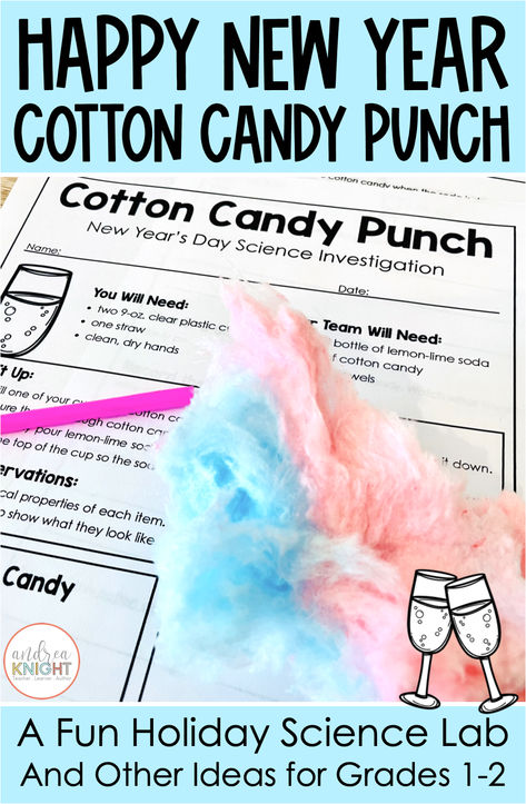 Three cheers for science (and a new year)! What happens when you pour liquid over cotton candy? It dissolves in a matter of seconds and the kids are wowed! It's an easy experiment for observing the changng states of matter and a fun way to ring in the new year with your kids. In this blog post, I share our favorite ways to celebrate the holiday, including scheduling our own ball drop as we count down to dismissal in a day-long math activity... perfect for the first day back to school in January! Cotton Candy Punch, New Year Activities For Kids, Candy Science Experiments, Candy Experiments, Candy Science, Christmas At School, New Year Activities, First Day Back To School, Holiday Science