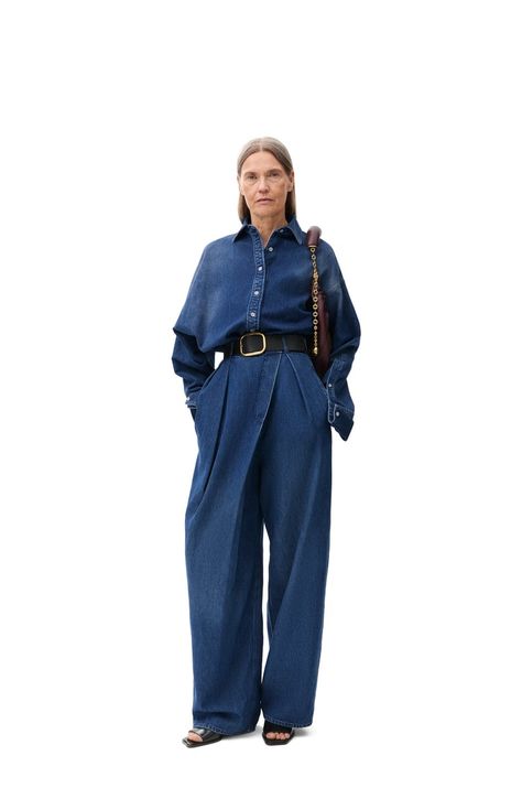 LOEWE Wrap jeans in denim Washed Denim Wrap Jeans, Draped Shirt, Androgynous Style, Washed Denim, Bags Designer Fashion, Leather Patches, Batwing Sleeve, Inspired Outfits, Luxury Outfits