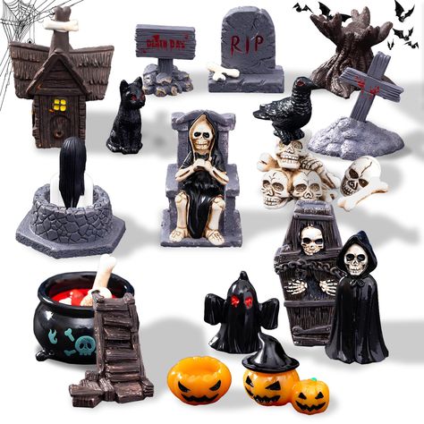 PRICES MAY VARY. Halloween Village Set: The package contains 30 pieces of Halloween miniature resin figurines, featuring classic and creative themes like skulls, vampire, tombstone, black cats, and pumpkins, providing a rich and varied collection for your Halloween table decorations High Quality Resin: Made of durable resin material for compact size and stability, these miniature house Halloween figurines add a touch of mystery and horror to any space Compact Size: Compact in size, these Hallowe Miniatures Halloween, Cats And Pumpkins, Halloween Dollhouse, Halloween Fairy Garden, Halloween Village Display, Gothic Dollhouse, Resin Figurines, Dollhouse Halloween, Classy Halloween