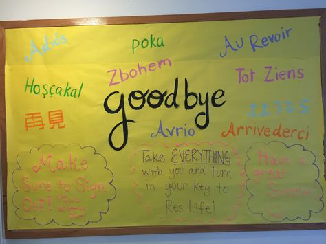 RA Maria's creative Goodbye bulletin board! Goodbye Bulletin Boards, Bulletin Ideas, Ra Bulletins, Ra Boards, Ra Bulletin Boards, Ra Ideas, Door Tags, Board Ideas, Bulletin Boards