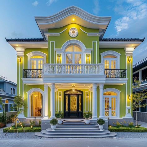 13+ Eye-Catching Lime Green and Pure White Colour Combinations for Houses • 333+ Images • [ArtFacade] Classic Houses, Small House Elevation, Small House Front Design, House Balcony Design, Exterior Design Ideas, Classic House Exterior, Small House Elevation Design, Exterior Modern, Building House Plans Designs