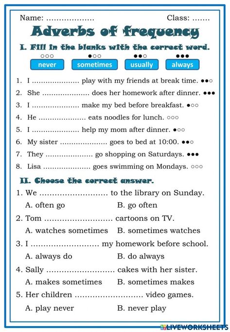 Adverbs Worksheet Class 5, Always Sometimes Never Worksheet, Adverb Of Time Worksheets, Adverbs Worksheet Grade 3, Adverb Of Frequency Worksheets, Adverbs Frequency, English Exercises Worksheets, Adverbs Of Frequency Worksheets, Frequency Worksheet