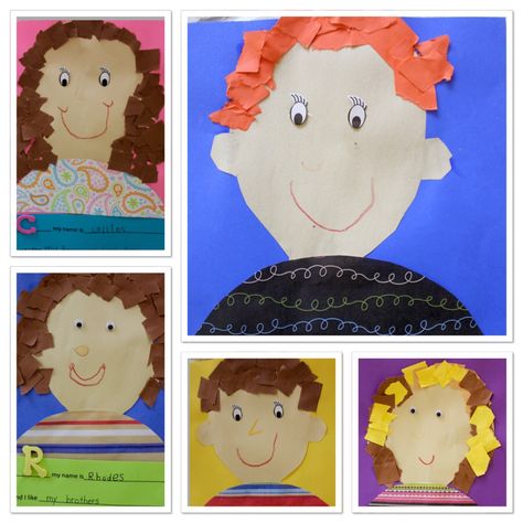 Kindergarten Torn Paper Selfies http://2soulsisters.blogspot.com/2015/10/torn-paper-me-self-portraits-for-kinders.html Construction Paper Self Portrait, Torn Paper Self Portraits, Construction Paper Self Portrait Kindergarten, Pre K Self Portrait Ideas, Kindergarten Self Portraits, Torn Paper Art, Portraits For Kids, Kindergarten Drawing, Sister Art