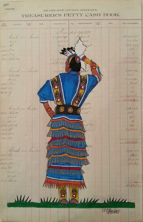 "Jingle Dress Dancer" on 1899 Silver Bow County Ledger Paper./Gordon Henry. Chunky Mittens, Jingle Dress Dancer, Ledger Art, Native American Drawing, Dancer Drawing, Native American Quilt, Ledger Paper, Jingle Dress, Emotional Painting