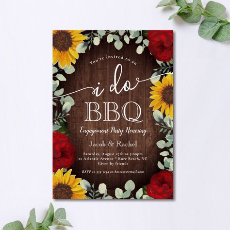 Sunflowers Roses Greenery I Do BBQ Engagement Invitation - Great Barbecue Red Sunflower Wedding, Engagement Party Rustic, Couples Engagement Party, Sunflowers Roses, Sunflower Wedding Decorations, Sunflowers And Roses, Sunflower Themed Wedding, Red Sunflowers, Country Garden Weddings