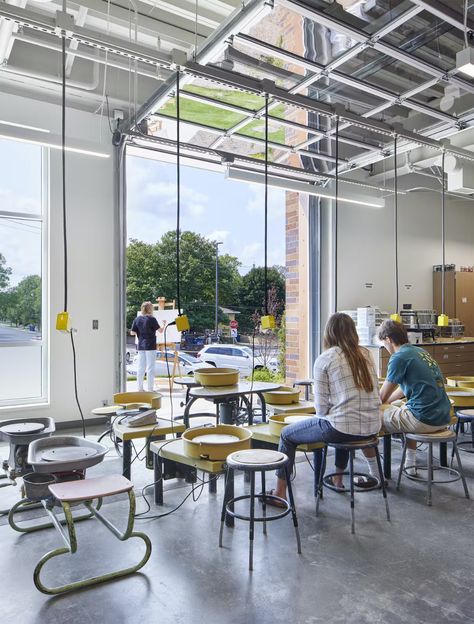 Art rooms with indoor/outdoor connection through glass filled garage doors. Kiln Room, Exterior Garage Door, Staff Lounge, Commercial Garage Doors, Lecture Hall, Folding Glass Doors, Art Rooms, Nature Education, Folding Walls