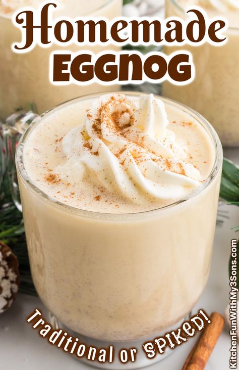 If there is one recipe that you need to know for the Holidays, it's Eggnog. This Eggnog recipe is a super easy and made with egg yolks, sugar, heavy whipping cream, spices, vanilla, and milk. #christmas #recipes #drinks Egg Nog Pudding Recipe, Diy Eggnog Recipes, Egg Nog Recipe Homemade, Christmas Recipes Drinks, Eggnog Rezept, Eggnog Recipe Spiked, Egg Nog Recipe, Peppermint Brownies Recipe, Homemade Eggnog Recipe