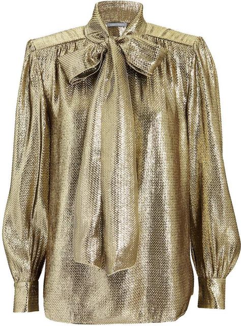 Alberta Ferretti Gold Lame Tie Neck Top Tops Gold, Button Collar Shirt, Edgy Glam, Bow Tie Blouse, Button Shirts, Beige Shirt, Gold Shirt, Fancy Tops, Gold Blouse