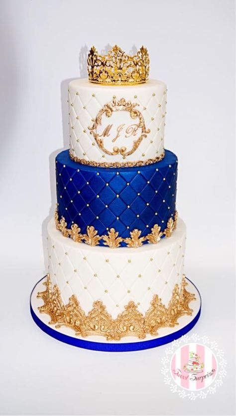 A Royal cake for a little prince  by Sweet Surprizes Royal Blue And Gold Cake Quinceanera, Royal Blue Quinceanera Cake, Royal Blue Cake Quinceanera, Royal Cake Design, Birthday Cake Designs For Boys, Royal Blue And Gold Cake, Royal Prince Cake, Prince Birthday Cake, Birthday Cake Design Ideas