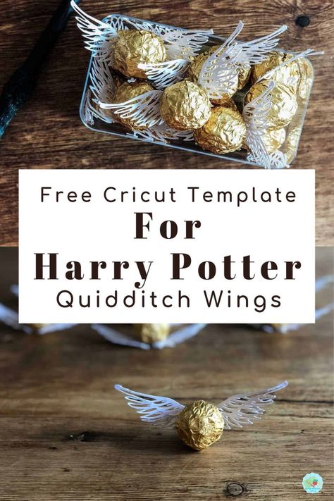 Free Cricut template Harry Potter Quidditch Wings which can be used for a paper cut scrapbook template or on vinyl for themed Harry Potter  rooms, to make homemade Cricut favours for Harry Potter Halloween parties and Harry Potter themed Christmas decorations for the holiday season #HarryPotter #CricutHarryPotter #ExtraordinaryChaos Harry Potter Snitch Wings Printable, Harry Potter Patronus Craft, Harry Potter Cricut Crafts, Cricut Projects Harry Potter, Cheap Harry Potter Decorations, Harry Potter Paper Crafts Diy, Harry Potter Cricut Ideas, Snitch Wings Template, Quidditch Decorations