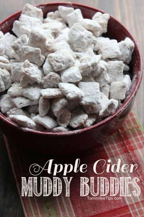 Apple Cider Muddy Buddies... I HAVE to try this! A nice twist on my favorite holiday treat Red Hot Popcorn, Chocolate Muddy Buddies, Chocolate Peanut Butter No Bake, Peanut Butter No Bake Cookies, Chex Snack Mix, Chex Recipes, Puppy Chow Chex Mix Recipe, Chex Mix Puppy Chow, Muddy Buddies Recipe