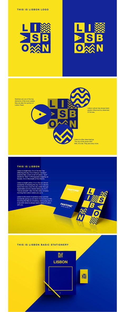 Lisbona city branding                                                                                                                                                                                 More Brand Ci Design, Blue And Yellow Brand Identity, Yellow Blue Graphic Design, Place Branding Cities, Place Branding Design, Brand Visual Identity System, Blue And Yellow Design Graphic, City Branding Design Visual Identity, Pattern Brand Identity