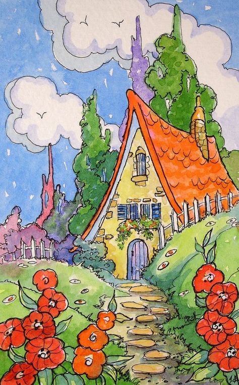 Alida Akers, Cottage Artwork, Prismacolor Markers, Canvas For Beginners, Storybook Art, Storybook Cottage, 강아지 그림, Cottage Art, Summer Cottage