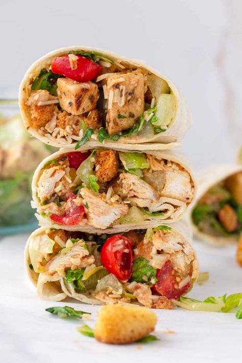 Chicken Caesar Wraps! These quick and easy chicken caesar wraps are perfect for a quick meal or lunch. Made with fresh ingredients and soft flour tortillas. Chicken Caesar Wrap Recipe, Soft Flour Tortillas, Caesar Wrap, Chicken Caesar Wrap, Wraps Recipes, Caesar Chicken, Salad Inspiration, Easy Peasy Recipes, Chicken Caesar