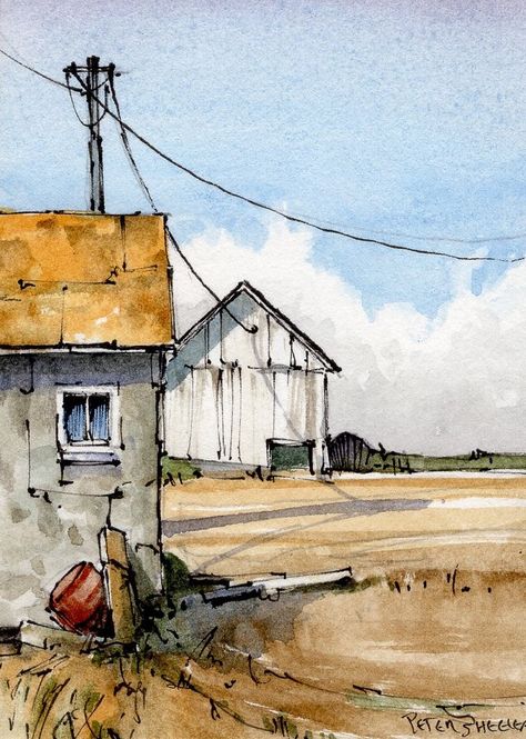 Line And Wash Watercolor, Peter Sheeler, Line And Wash, Watercolor Barns, Watercolor House Painting, Watercolor Scenery, Landscape Design Drawings, Watercolor Art Diy, Perspective Drawing Architecture