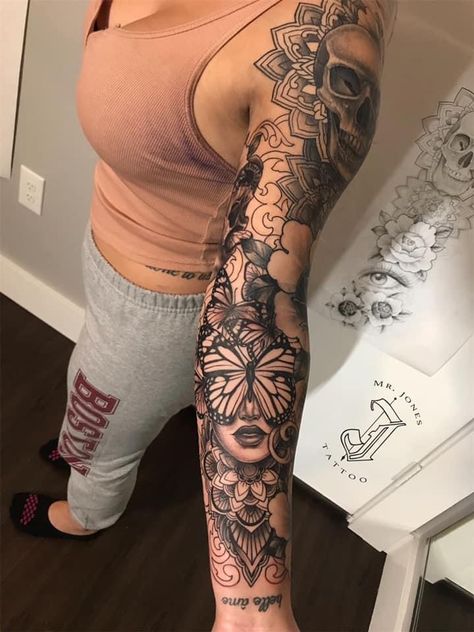 Inside Arm Sleeve Tattoos For Women, Inside Arm Tattoos For Women Sleeve, Full Arm Sleeve Tattoos For Women, Tomboy Tattoo, Inside Of Arm Tattoo, Arm Sleeve Tattoos For Women, Tattoos Inspo, Pieces Tattoo, Pretty Tattoos For Women