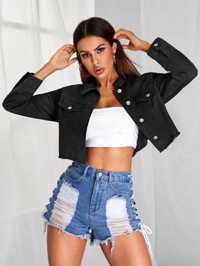 Short Denim Jacket, Casual Denim Shorts, Long Sleeve Denim Jacket, Denim Patterns, Short Denim, Weave Style, Cropped Denim Jacket, Black Denim Jacket, Denim Jacket Women