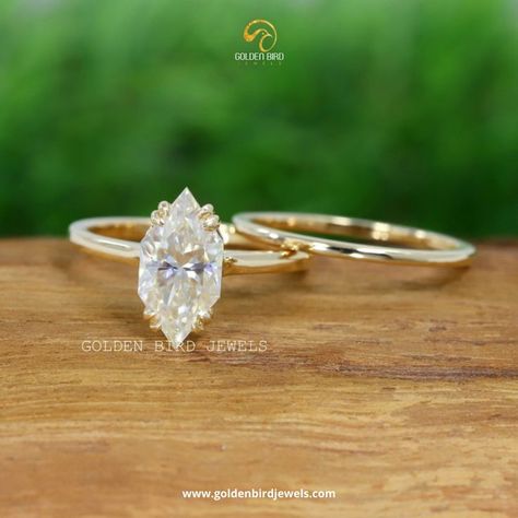 Dutch Marquise Cut Ring Set / 2.25 CT Moissanite Bridal Ring Set / With Simple Matching Band / 14KT Gold Wedding Ring Set Gift To Bride Dutch Marquise, Marquise Ring Setting, Rose Gold Wedding Ring Sets, Gold Wedding Ring Set, Gothic Wedding Rings, Marquise Cut Rings, Lab Created Diamond Rings, Nature Engagement Ring, Cushion Halo Engagement Ring