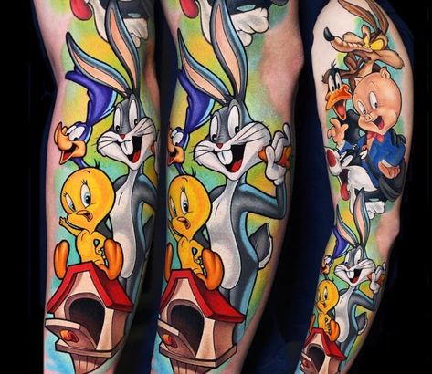 Looney Tunes Tattoo, Disney Inspired Tattoos, Disney Sleeve Tattoos, Hard Tattoos, Cartoon Tattoo, Tattoo Pictures, Bunny Tattoos, Template Black, Cartoon Character Tattoos