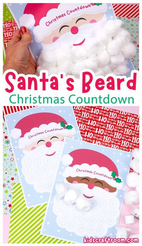 This jolly Santa Beard Countdown to Christmas is so fun. Glue on a cotton ball every day and watch Santa's beard grow! A lovely interactive Santa Beard Advent Calendar for kids. #kidscraftroom Santa Cotton Ball Advent Calendar, Santa Beard Countdown, Santas Beard Advent Calendar, Santa's Beard Countdown, Nanny Crafts, Advent Calendar For Kids, Santa Countdown, Calendar For Kids, Printable Advent Calendar