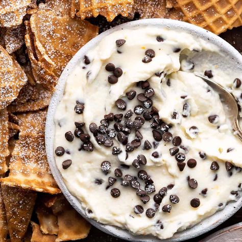 Easy Cannoli Dip Recipe (Serves Double Duty as Cannoli Filling!) Canolli Dip Recipe Cannoli, Cannoli Ice Cream Recipe, Salted Caramel Cannoli Dip, Cannoli Dip Recipe Easy, Cannoli Cheese Ball, Canola Dip, Canolli Cream Filling Recipes, Canoli Dip Best, Deconstructed Cannoli