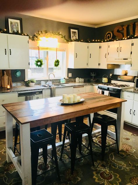 Small Western Kitchen Table, Farmhouse Island Table Combo, Diy Island Table Kitchen, Diy Slim Kitchen Island, Diy Small Kitchen Island With Seating, Diy Kitchen Island Table Combo, Small Kitchen Island With Stools, Mobile Home Kitchen Island Ideas, Table Instead Of Island In Kitchen