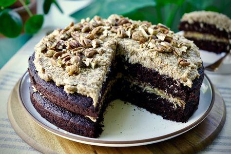 Vegan German Chocolate Cake | The Whole Food Plant Based Cooking Show Vegan German Chocolate Cake, Moroccan Coffee, German Chocolate Cake Recipe, Plant Based Desserts, German Recipes, Tasty Chocolate Cake, Dark Chocolate Cakes, Coffee Chocolate, German Chocolate Cake