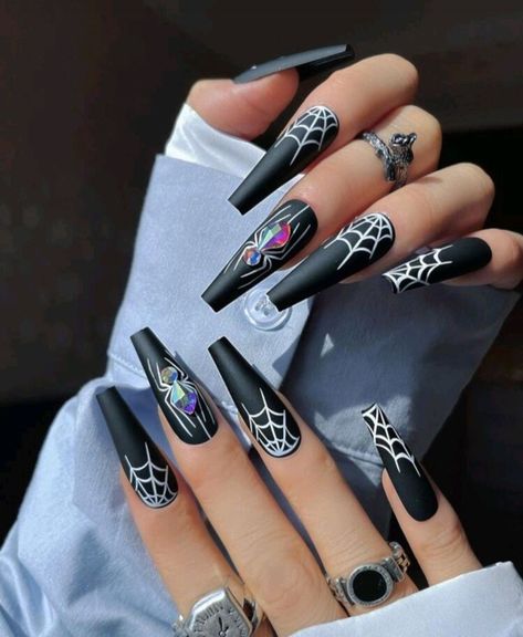 Spider Diamond Nails, Black Acrylic Nails With Spider Web, Black Nail White Spider Web, Square Spider Web Nails, Spider Nails With Gems, Black Glitter Spider Web Nails, Black Nails With Silver Spider Web, Diamond Spider Nails, Gem Spider Nails