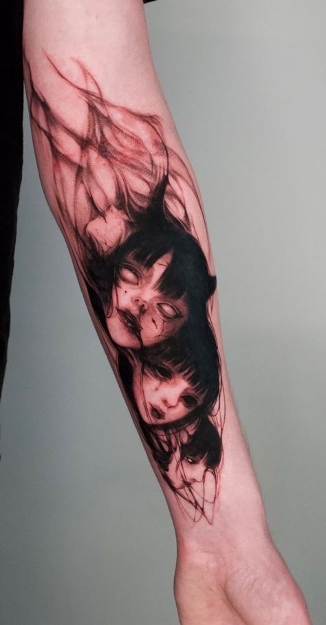 Japanese Dark Tattoo, Man Eater Tattoos, Horror Anime Tattoo, Creepy Animal Tattoos, Red Tattoo Healed, Side Of The Neck Tattoos, Japanese Mythology Tattoo, Hyper Realism Tattoo, Tattoo Idea Arm