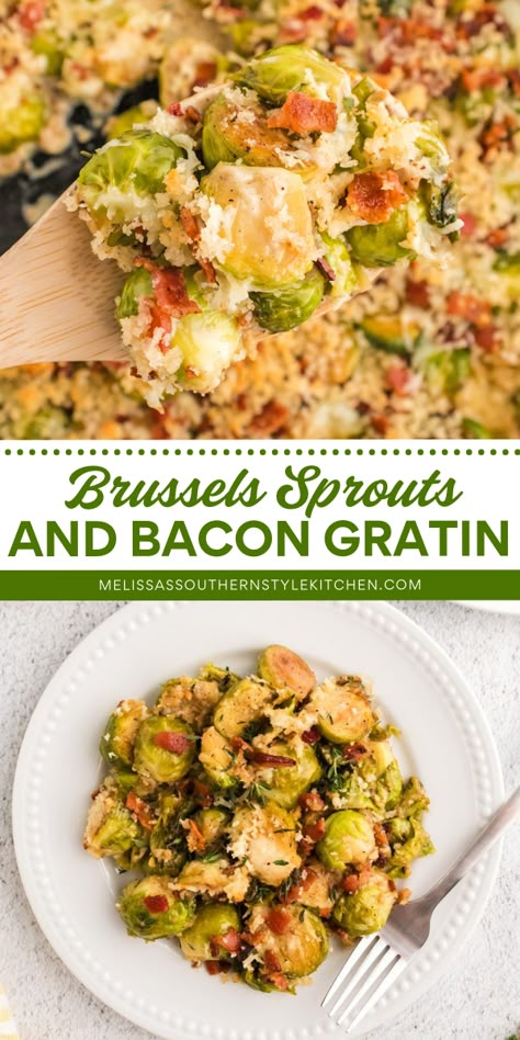 Get ready for a Thanksgiving side dish to impress! It's a Thanksgiving dinner recipe for brussels sprouts with bacon. Everyone will love this cheesy Brussels Sprouts and Bacon Gratin with crisp buttery breadcrumbs on top! Brussel Sprout Bacon, Brussel Sprouts Gratin, Cheesy Brussels Sprouts, Creamy Brussels Sprouts, Brussels Sprouts Recipes, Brussels Sprouts And Bacon, Sprouts And Bacon, Brussels Sprouts Gratin, Homemade Green Bean Casserole