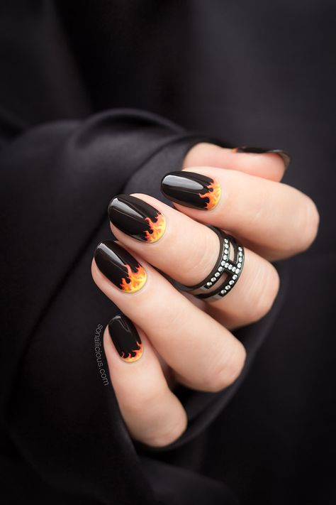 Black Summer Nails... or My Tribute to Australia Bushfire Crisis - SoNailicious Orange Nail, Mens Nails, Punk Nails, Goth Nails, Designs Nail, Nail Swag, New Year's Nails, Short Nail Designs, Fire Nails