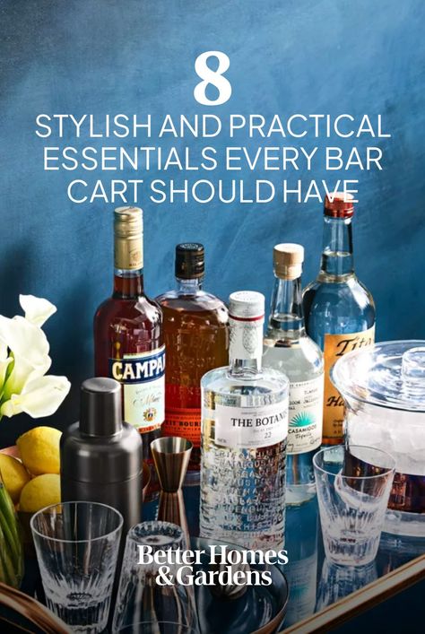 Home Table Bar, Tray Bar Ideas, Bar Cart Basics, Bar Cart Staples, Home Bar Essentials Liquor, How To Stock A Bar Cart, How To Stock A Bar, Cocktail Cart Ideas, Home Bar Must Haves