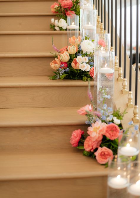 Coral And Blue Wedding Decorations, Peach And Blue Wedding Theme, Candle Staircase, Staircase Flowers, Weddings 2025, Pink Veronica, Peach Tulips, Blush Ranunculus, Wedding Staircase