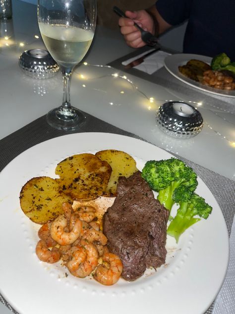 Romantic Steak Dinner, Steak Dinners For Two, Dinner Romantic, Steak Shrimp, Golden Potatoes, Steak And Shrimp, Shrimp Dinner, Romantic Dinner For Two, Perfect Steak