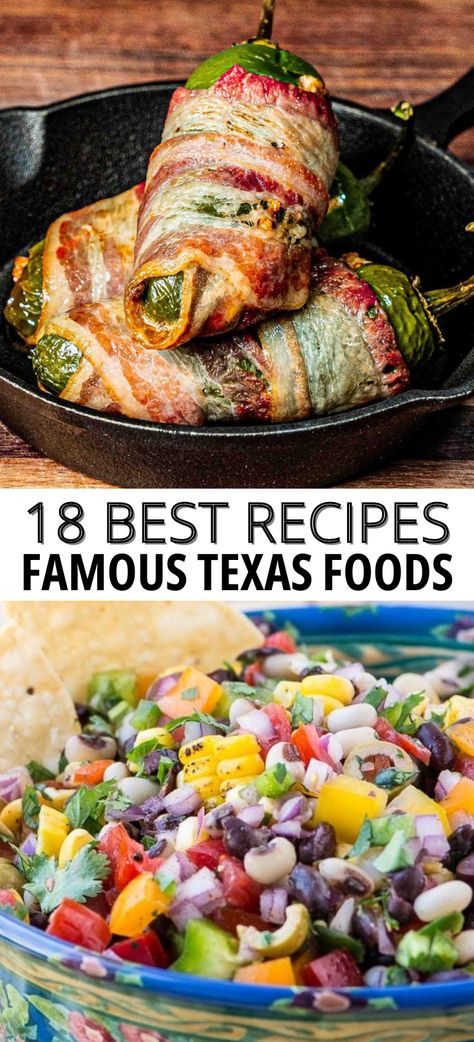 Bacon wrapped Jalapenos in a cast iron skillet, Cowboy caviar in a bowl, text: 18 Best Recipes Famous Texas Foods. Texas Themed Food Party Ideas, Texas Mexican Recipes, Texas Side Dishes, Texas Straw Hat Recipe, South Western Recipes, Best Texas Recipes, Texas Themed Party Food, Cowboy Crackers, Cowboy Dinner Recipes