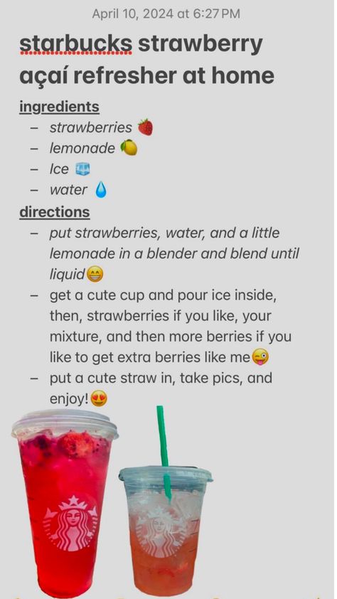 Homemade Starbucks Recipes, Starbucks Strawberry Acai, Starbucks Copycat Recipes Drinks, Starbucks Strawberry Acai Refresher, Strawberry Acai Refresher, Starbucks Secret Menu Recipes, Starbucks Strawberry, Secret Starbucks Recipes, Fun Drink Recipe