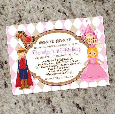 Princess and Prince - Birthday Party Invitations - Calling All Princesses and Princes Princess And Prince Birthday Party, Knight Birthday Party, Birthday Party Invitation Wording, Princess And Prince, Princess Birthday Party Invitations, Princess Party Invitations, Prince Birthday Party, Prince Theme, Prince Party