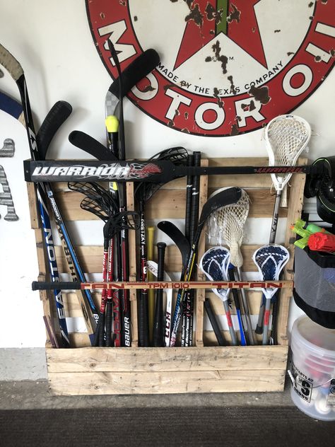 Stick storage Hockey Stick Storage Ideas, Hockey Stick Storage, Stick Storage, Hockey Bag, Uni Room, Hockey Life, Kid Activities, Hockey Stick, Storage Ideas