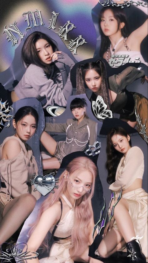 Nmixx Ot7 Wallpaper, Nmixx Ot7, Ot7 Wallpaper, Groups Poster, Y2k Posters, Pretty Wallpapers Tumblr, Music Collage, Pop Posters, K Wallpaper