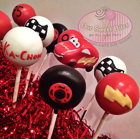 Our Lightning McQueen Inspired cake pops rsweetbites@gmail.com Race Car Cakepops, Cars Cake Pops Disney, Pixar Cars Cake Pops, Lighting Mcqueen Cake Pops, Cars Theme Cake Pops, Disney Cars Cake Pops, Lightning Mcqueen Cake Pops, Disney Cars Theme Birthday Party, Lighting Mcqueen Cake