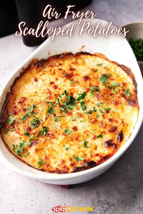 Satisfy your cheesy potato cravings fast with this air fryer spin on creamy, cheesy scalloped potatoes. In just minutes, you'll be digging into utter comfort food bliss. Scallop Potatoes In Air Fryer, Potato Recipes Air Fryer Easy, Cheesy Potatoes In Air Fryer, Air Fryer Au Gratin Potatoes, Airfryer Scalloped Potatoes, Air Fryer Cheesy Potatoes, Scalloped Potatoes Air Fryer, Scalloped Potatoes In Air Fryer, Cottage Potatoes Recipe