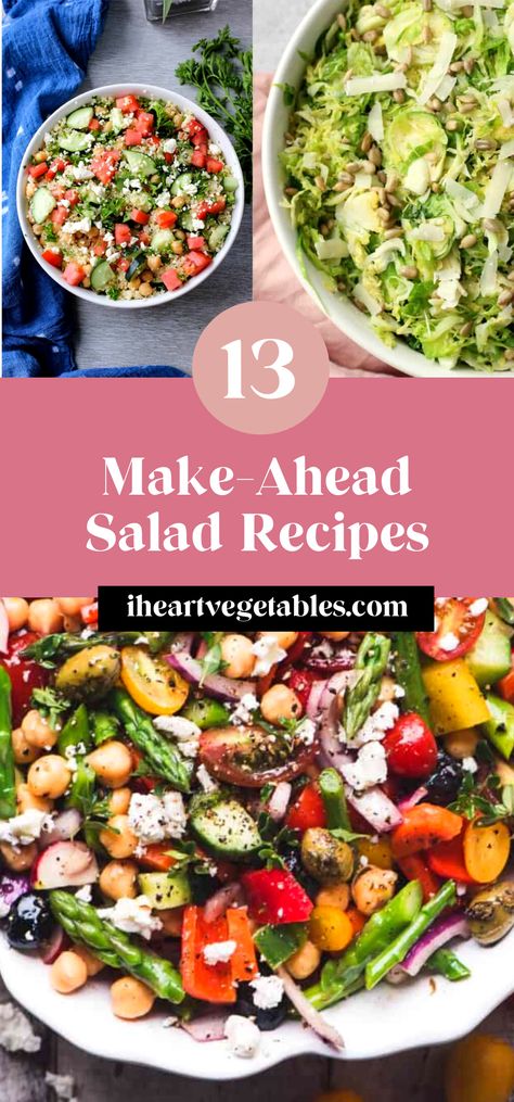 These delicious make ahead salad recipes are perfect for a picnic or a packaged lunch! No wilted lettuce or salad salads here. These crunchy, hearty salad recipes are perfect to prepare in advance! #mealprep #healthy #salads #vegetarian #simple Hearty Lunch Salads, No Wilt Salads, Vegetarian Cold Salads, Gf Df Salad Recipes, Make Ahead Salads For Parties, No Meat Salads, Food Prep Salads, Non Lettuce Salads, Salad Recipes No Lettuce