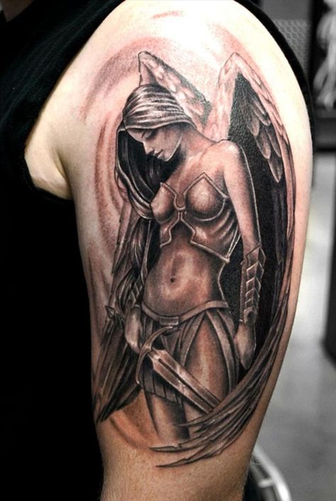 Angel tattoo on men's shoulder Angel Warrior Tattoo, Guardian Angel Tattoo Designs, Guardian Angel Tattoo, Warrior Tattoos, Angel Tattoo Designs, Geniale Tattoos, Warrior Tattoo, Angel Tattoo, Grey Tattoo