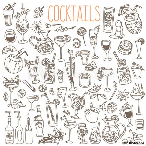 Cocktails and party drinks doodles set. Hand drawn vector illustration isolated on white background - Buy this stock vector and explore similar vectors at Adobe Stock Simple Sketches, Food Tattoos, Doodle Tattoo, Hand Drawn Vector Illustrations, Doodle Illustration, Hand Drawn Vector, Flash Art, Sketches Easy, Fine Line Tattoos